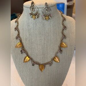 Vintage Trifari  Necklace Yellow Leaves  Rhinestones & Matching Earrings
